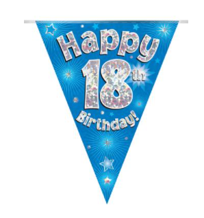 Party Bunting Happy 18th Birthday Blue Holographic 11 flags (3.9m)