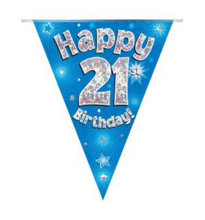 Party Bunting Happy 21st Birthday Blue Holographic 11 flags (3.9m)