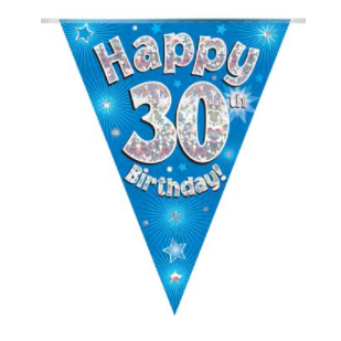 Party Bunting Happy 30th Birthday Blue Holographic - 11 flags (3.9m)