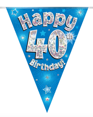 Party Bunting Happy 40th Birthday Blue Holographic 11 flags (3.9m)
