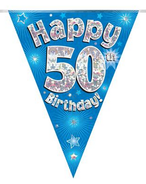 Party Bunting Happy 50th Birthday Blue Holographic 11 flags (3.9m)