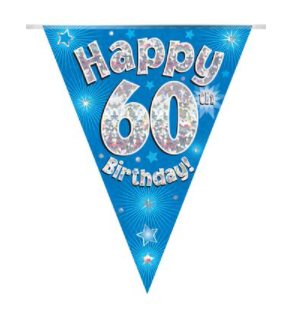 Party Bunting Happy 60th Birthday Blue Holographic 11 flags (3.9m)