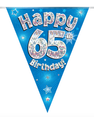 Party Bunting Happy 65th Birthday Blue Holographic 11 flags (3.9m)