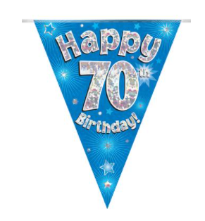 Party Bunting Happy 70th Birthday Blue Holographic 11 flags (3.9m)