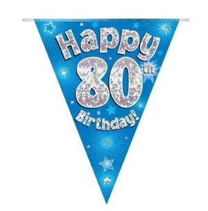 Party Bunting Happy 80th Birthday Blue Holographic 11 flags - (3.9m )