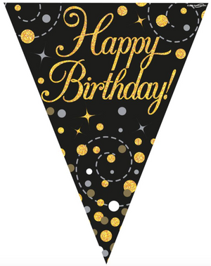 Party Bunting Sparkling Fizz Birthday Black & Gold Holographic 11 flags (3.9m)