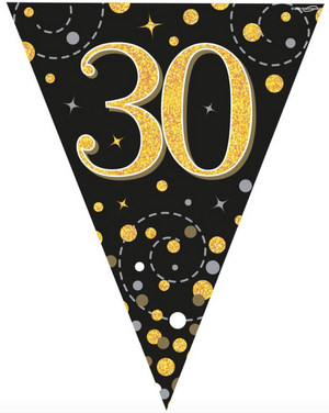 Party Bunting Sparkling Fizz 30 Black & Gold Holographic 11 flags (3.9m)