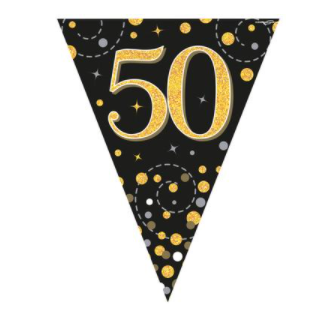 Sparkling Fizz 50th Black & Gold Holographic Bunting - 11 flags (3.9m)