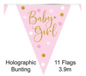 Sparkling Baby Girl Party Bunting - Dots & Holographic Style - 11 flags (3.9m)