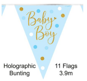 Sparkling Baby Boy Party Bunting - Dots & Holographic Style - 11 flags (3.9m)
