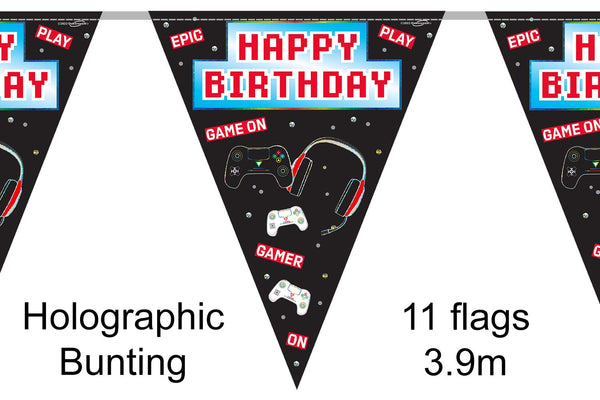 Party Bunting Controller Happy Birthday 11 flags Holographic - (3.9m)