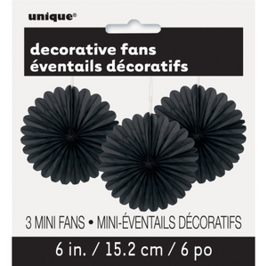 Black Solid 6" Tissue Paper Fans (3 pack)