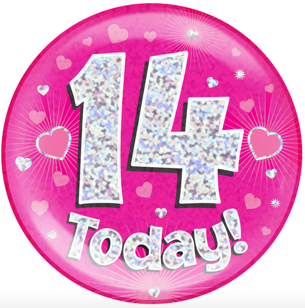 6" Jumbo Badge 14 Today Pink Holographic Dot