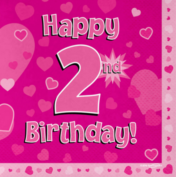 Happy 2nd Birthday Pink 33cm x 33cm 3-ply Napkins (16 Pack)