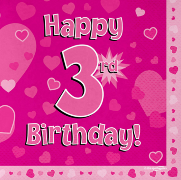 Happy 3rd Birthday Pink 33cm x 33cm 3-ply Napkins (16 Pack)