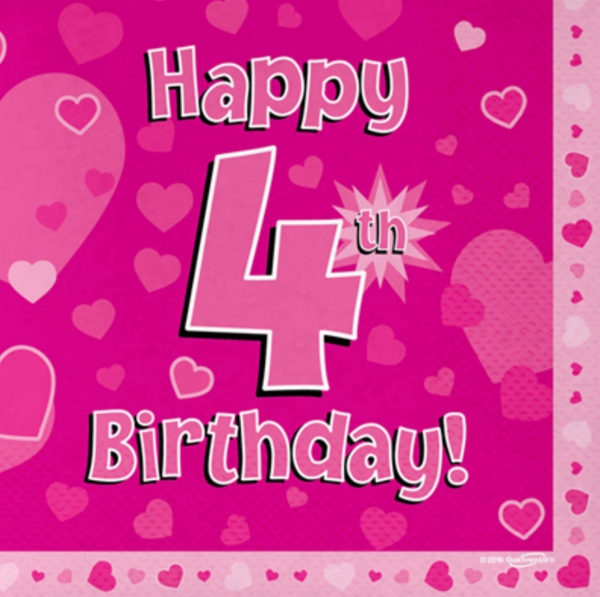 Happy 4th Birthday Pink 33cm x 33cm 3-ply Napkins (16 Pack)