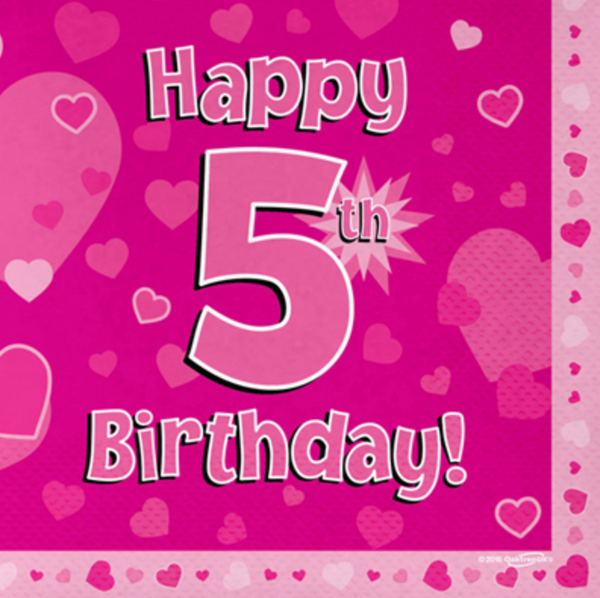 Happy 5th Birthday Pink 33cm x 33cm 3-ply Napkins (16 Pack)