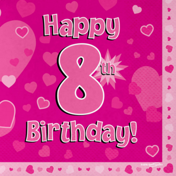 Happy 8th Birthday Pink 33cm x 33cm 3-ply Napkins (16 Pack)