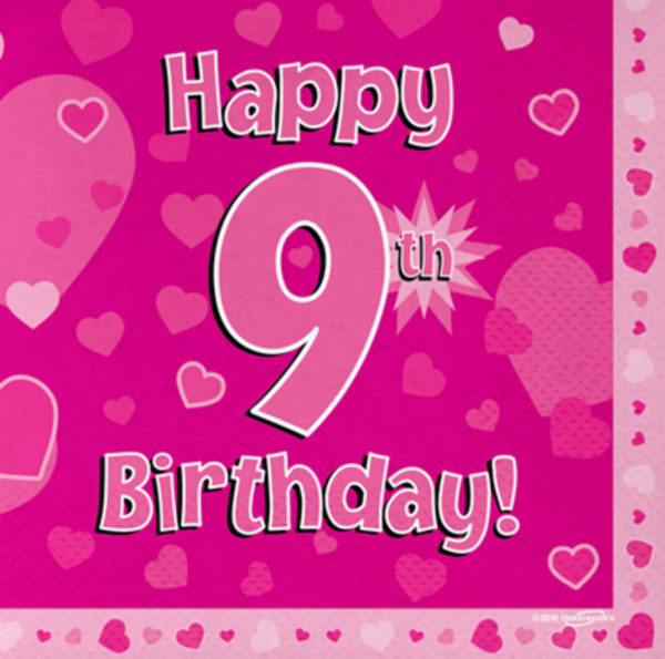 Happy 9th Birthday Pink 33cm x 33cm 3-ply Napkins (16 Pack)
