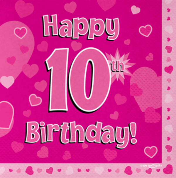 Happy 10th Birthday Pink 33cm x 33cm 3-ply Napkins (16 Pack)