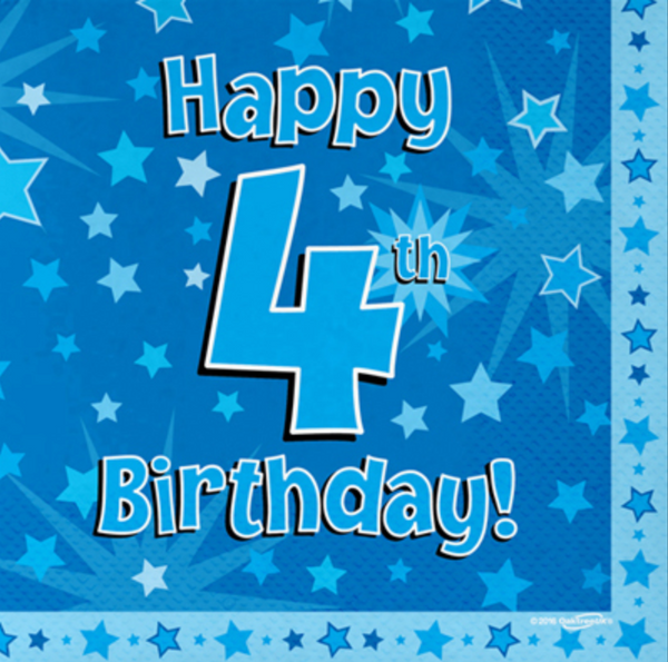 Happy 4th Birthday Blue 33cm x 33cm 3-ply Napkins (16 Pack)
