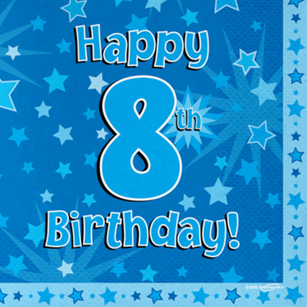 Happy 8th Birthday Blue 33cm x 33cm 3-ply Napkins (16 Pack)
