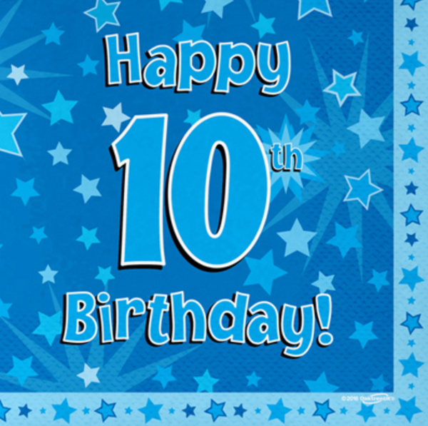 Happy 10th Birthday Blue 33cm x 33cm 3-ply Napkins (16 Pack)