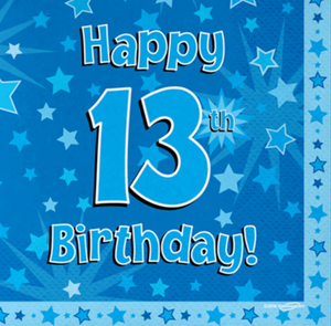 Happy 13th Birthday Blue 33cm x 33cm 3-ply Napkins (16 Pack)