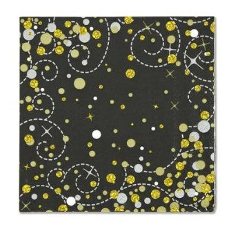 Sparkling Fizz Black & Gold Napkins 33cm x 33cm 3-ply - (16 Pack)