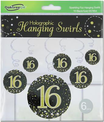 Sparkling Fizz Hanging Swirls 16th Black / Gold (6 Pack)