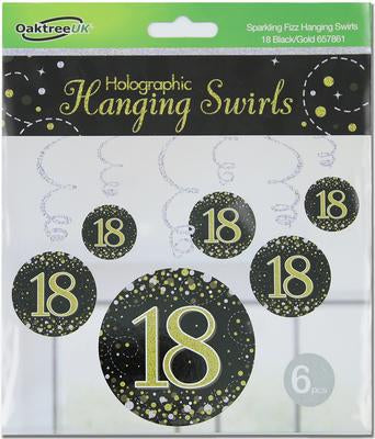 Sparkling Fizz Hanging Swirls 18th Black / Gold (6 Pack)