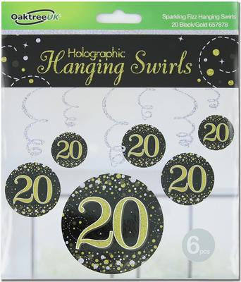 Sparkling Fizz Hanging Swirls 20th Black / Gold (6 Pack)