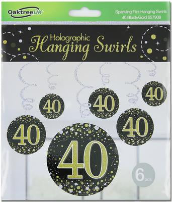 Sparkling Fizz Hanging Swirls 40th Black / Gold (6 Pack)