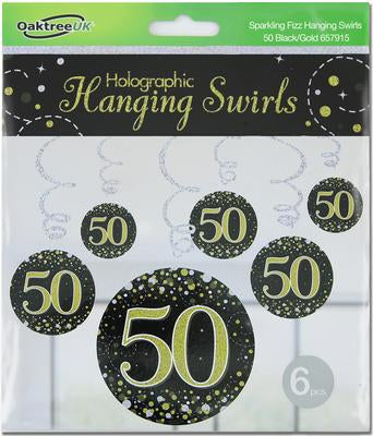 Sparkling Fizz Hanging Swirls 50th Black / Gold (6 Pack)