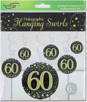 Sparkling Fizz Hanging Swirls 60th Black / Gold (6 Pack)