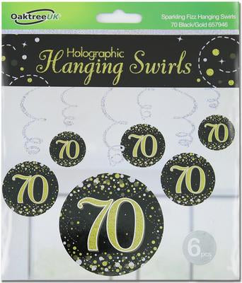 Sparkling Fizz Hanging Swirls 70th Black / Gold (6 Pack)