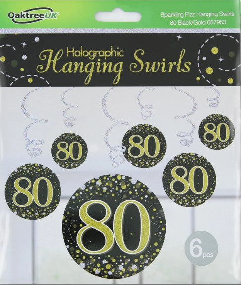 Sparkling Fizz Hanging Swirls 80th Black / Gold - (6 Pack)
