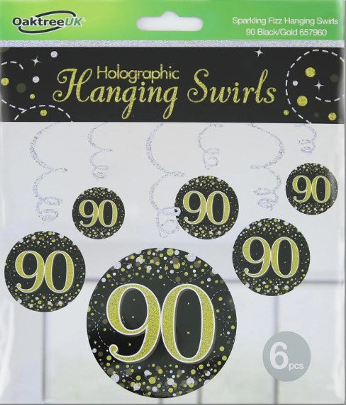Sparkling Fizz Hanging Swirls 90th Black / Gold - (6 Pack)