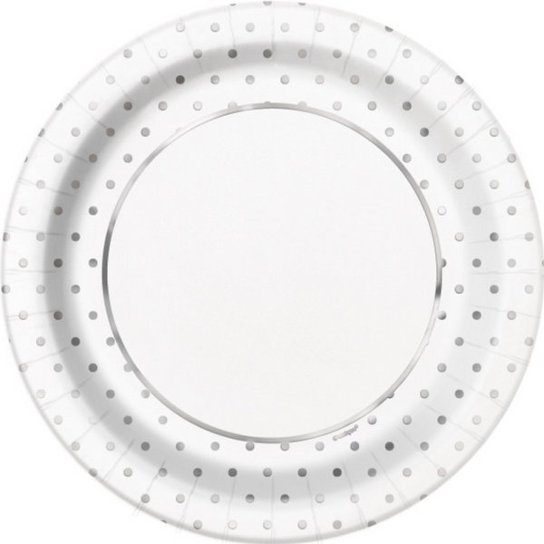 Elegant Silver Foil Dots Round 9" Dinner Plates - Foil Board (8 Pack)