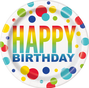 Rainbow Spots Birthday Round 9" Dinner Plates (8 Pack)