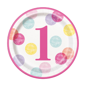 Pink Dots 1st Birthday Round 9" Dinner Plates (8 Pack)