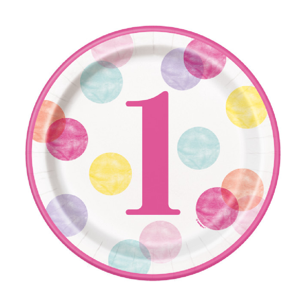 Pink Dots 1st Birthday Round 9" Dinner Plates (8 Pack)