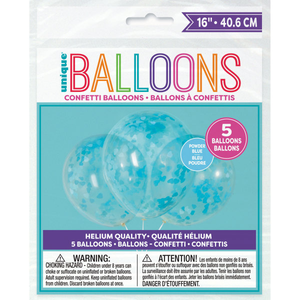 Clear Latex Balloons with Blue Heart Confetti 16" (5 Pack)