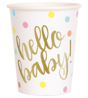 "Hello Baby" Gold Baby Shower 9oz Paper Cups (8 Pack)