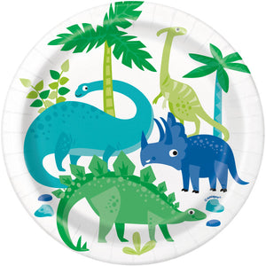 Blue & Green Dinosaur Round Dessert Plates 7" - (8 Pack)
