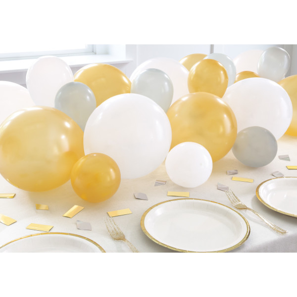 Silver White and Gold Balloon Garland Table Runner with Foil Confetti Cutouts