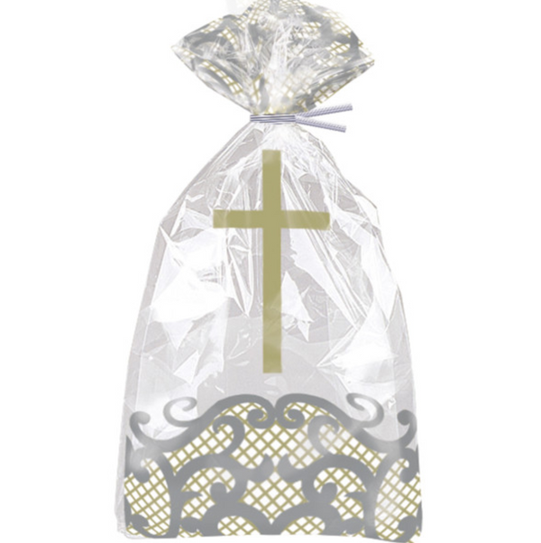 Fancy Gold Cross Cellophane Bags 5"x11" (20 Pack)