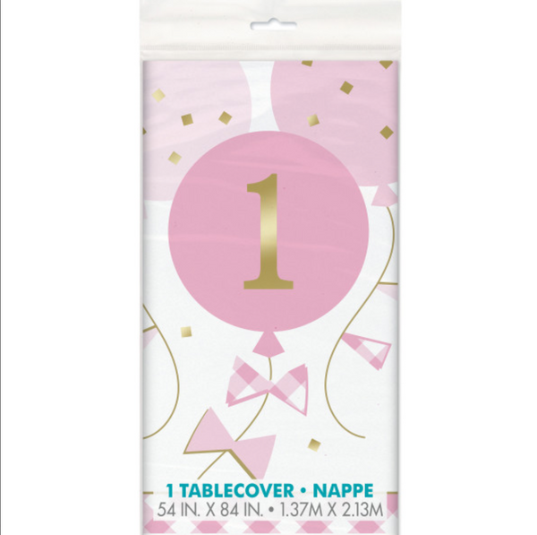 Pink Gingham 1st Birthday Rectangular Plastic Table Cover (54"x84")