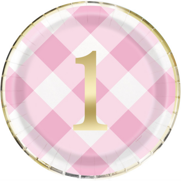 Pink Gingham 1st Birthday Round 9" Dinner Plates Foil Board (8 Pack)