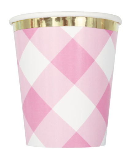 Pink Gingham 1st Birthday 9oz Paper Cups - Foil Board (8 Pack)